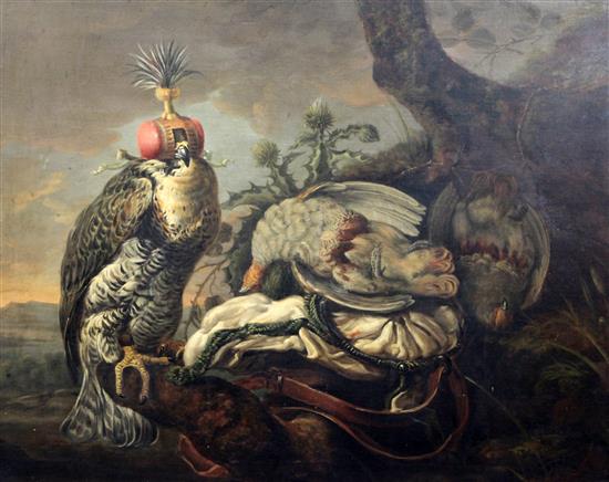 Manner of Pieter Andreas Rysbrack (1688-1748) Sparrowhawk perched beside dead game 24 x 30in.